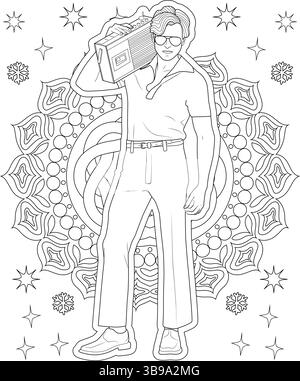 Illustrazione in bianco e nero di un giovane uomo elegante degli anni '1980, in piedi con sicurezza con un grande stereo portatile sulla spalla, pronto Illustrazione Vettoriale