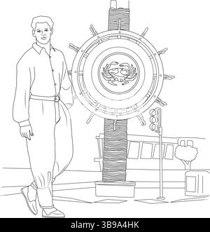 Illustrazione a tutta lunghezza in bianco e nero di un uomo vestito in stile anni '90, con una camicia sciolta infilata in pantaloni con cintura, in piedi Illustrazione Vettoriale