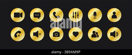 Icona videocall. Interfaccia interfaccia utente video chat. Set di pulsanti d'oro per il webinar aziendale online. Simboli Luxury Communication. Illustrazione del vettore piatto Illustrazione Vettoriale