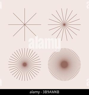Raggi sottili rotondi radiali. Linee vettoriali geometriche astratte. Icone di sole, stelle, sole e splendore bohémien. Illustrazione Vettoriale