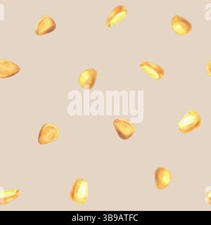 Chicchi di mais motivo senza cuciture ad acquerello grani o semi di pannocchia, granturco dorato illustrazione disegnata a mano su sfondo beige color pastello isolato Foto Stock