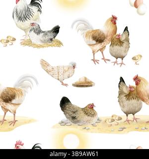 Polli da fattoria, galline e galli con pulcini per bambini, motivo senza cuciture ad acquerello su bianco. Pollame da cortile per disegni di animali domestici. Realistico Foto Stock