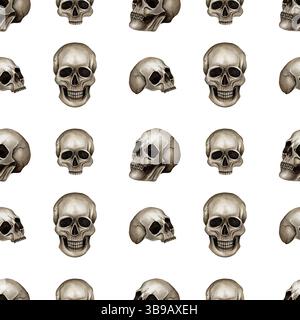 Teschi a tutta la faccia con motivo senza cuciture, in un'illustrazione ad acquerello di profilo isolata dallo sfondo. Scull disegnato a mano per Halloween, tessuto in stile gotico Foto Stock