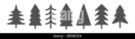 Set di alberi di Natale con effetto mezzitoni. Forme geometriche di abete con trama tratteggiata Illustrazione Vettoriale