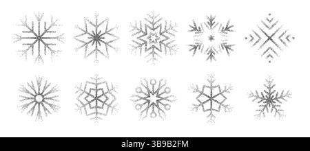 Collezione vintage alla moda di fiocchi di neve. Carino set di forme di ghiaccio punteggiato di neve. Sfumatura dei simboli delle festività natalizie o di Capodanno Illustrazione Vettoriale