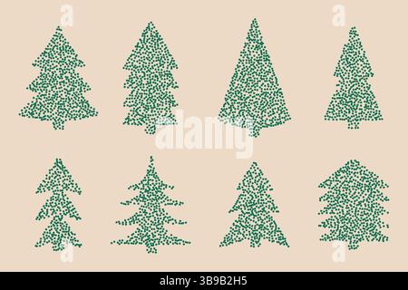 Albero di Natale alla moda con punti di stipple. Collezione di elementi in abete verde testurizzato Illustrazione Vettoriale