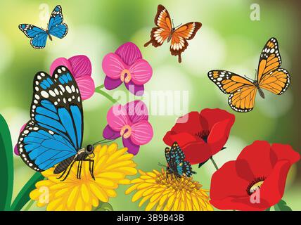 Illustrazione vettoriale di farfalle tra fiori vivaci, con colori brillanti e dettagli intricati in un ambiente naturale Illustrazione Vettoriale