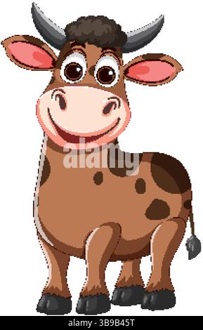 Divertente illustrazione vettoriale di una mucca sorridente con grandi occhi e macchie marroni, con uno stile cartoni animati e colori vivaci Illustrazione Vettoriale