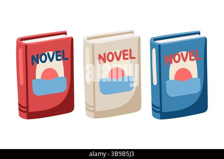 Set vettoriale cartoni animati di libri in colori diversi senza titoli specifici. Illustrazione vettoriale isolata su sfondo bianco. Illustrazione Vettoriale