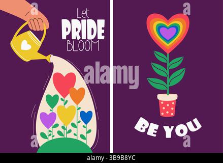 Mese dell'orgoglio. Promozione del set di poster LGBT. A mano con bomboletta da irrigazione da giardino e fiori arcobaleno. Comunità LGBTQ. Schede verticali e motivazione per le festività Illustrazione Vettoriale
