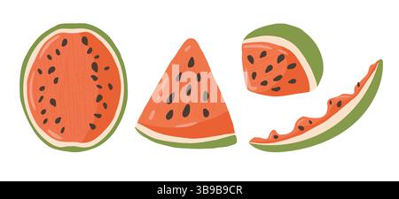 Una raccolta di illustrazioni vettoriali con succose fette di anguria estiva con pozze. Elementi di frutta tropicale per design estivo, loghi, adesivi, stampe. Illustrazione Vettoriale