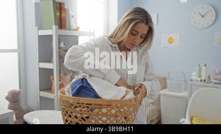 Lavanderia pieghevole per donna nella lavanderia domestica con arredamento neutro e luce del sole, concentrandosi sulle faccende domestiche e sul relax in un ambiente luminoso e ordinato Foto Stock