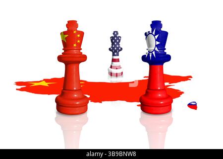 Scacchi realizzati con bandiere di Cina, USA e Taiwan. Relazioni tra Cina e Taiwan Foto Stock