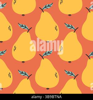 Motivo estivo di pera gialla su sfondo rosso. Semplice motivo senza cuciture con pere. Design vettoriale per biglietti d'auguri e invito all'estate stagionale Illustrazione Vettoriale