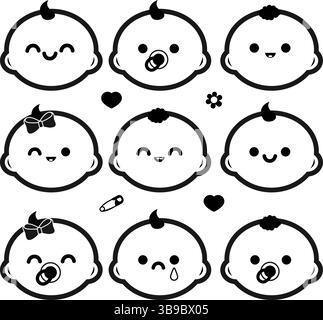 Simpatiche icone del neonato. Segnali per neonati felici, simboli per bambini e bambine. Set di icone per la cura dei bambini. Illustrazione vettoriale Illustrazione Vettoriale