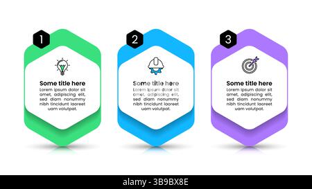 Modello infografico con icone e 3 opzioni o passaggi. Può essere utilizzato per il layout del flusso di lavoro, il diagramma, il banner, il webdesign. Illustrazione vettoriale Illustrazione Vettoriale
