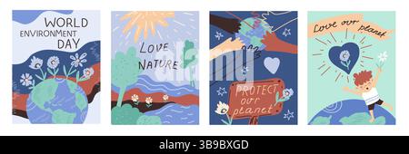 Felice giornata ambientale. Giornata della Terra. Poster social, banner, cartolina, poster. Illustrazione Vettoriale