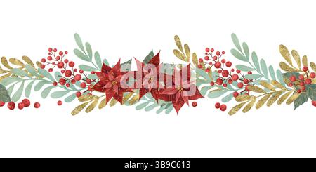 Bordo senza cuciture con un fiore rosso di Natale, rami di abete, vegetazione verde e dorata, frutti di bosco evidenziati su sfondo bianco. Foto Stock