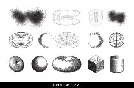 Set di forme geometriche. Stipple elementi grafici poligonali. Illustrazione Vettoriale