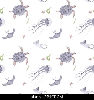 Le tartarughe marine e le pastinache oceaniche nuotano tra meduse e stelle marine. Illustrazione acquerello. Motivo senza cuciture. Animali marini e alghe sott'acqua Foto Stock