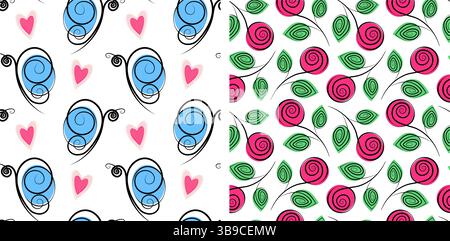 Farfalle, cuori decorativi e rose a vapore con foglie senza cuciture Set stagno estivo. Illustrazione vettoriale isolata sfondo avvolgimento di sfondo o banner promozionale, schede tematiche, opuscolo Illustrazione Vettoriale