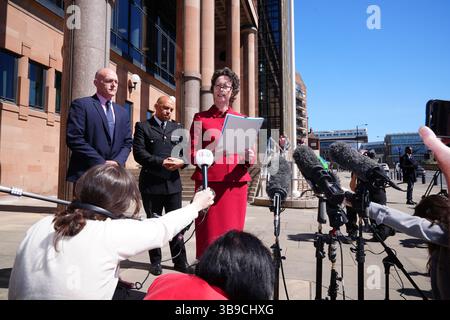 Gale Gilchrist, Crown Prosecution Service (CPS) North East Speaking Outside Newcastle Crown Court dove Daniel Graham e Adam Carruthers sono stati giudicati colpevoli di danni penali dopo l'abbattimento dell'albero di Sycamore Gap - del valore di £ 622.000 e £ 1.114 danni al Vallo di Adriano. Data foto: Venerdì 9 maggio 2025. Foto Stock