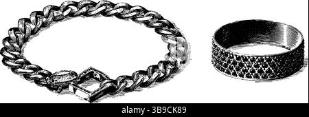 Design vintage: Catena incisa e anello con diamanti per un'eleganza classica. Illustrazione Vettoriale