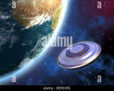 Misteriosa astronave che orbita attorno al pianeta Terra. Illustrazione digitale Foto Stock