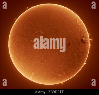 Londra, Regno Unito. 9 maggio 2025. Disco pieno del sole attivo che mostra la cromosfera resa visibile con un filtro alfa idrogeno solare per rivelare macchie solari, filamenti e gigantesche prominenze che saltano dal bordo della nostra stella più vicina nella Corona. Il Sole è a circa 93 milioni di miglia dalla Terra. Con diverse settimane di sole potenziale e senza previsioni di pioggia per il sud-est, si discutono voci di divieti di zuppa all'inizio della stagione colturale. Crediti: Malcolm Park/Alamy Live News Foto Stock