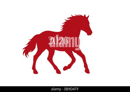 Semplice silhouette rossa di cavallo da passeggio con testo 2026, che simboleggia l'animale zodiacale per il Capodanno cinese con un design vettoriale pulito. Illustrazione Vettoriale