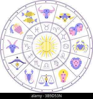 Un grafico circolare che raffigura i 12 segni zodiacali Illustrazione Vettoriale
