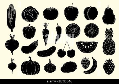 Set di vari tipi di frutta e verdura in stile doodle. Illustrazione Vettoriale