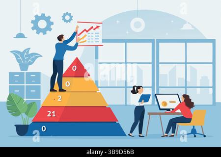 Team che collabora a una piramide di strategia aziendale a più livelli per visualizzare il successo della crescita con grafici di dati in un ambiente moderno Illustrazione Vettoriale