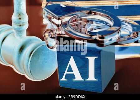 Documenti con testo scritto «regolamenti IA» e «legge», posti su una scrivania con un martelletto nelle vicinanze, che simboleggiano il quadro giuridico e la governance degli artifi Foto Stock