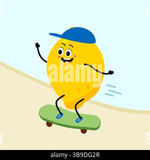 Carino personaggio Lemon in sella a uno skateboard. Cartoon Happy Lemon su skateboard. Illustrazione Vettoriale