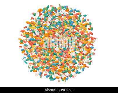 Pila di pillole mediche assortite disposte in una forma circolare su uno sfondo trasparente — visivamente assomiglia a un piatto o piatto di cibo sintetico Foto Stock