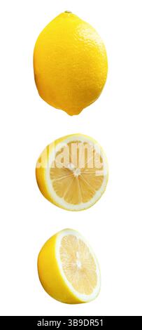 La vista dall'alto dei frutti di limone giallo maturi freschi con due metà è isolata su sfondo bianco con percorso di ritaglio. Foto Stock
