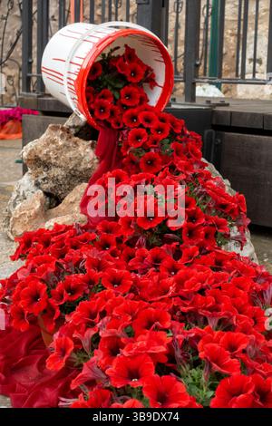 Decorazioni del giardino. Petunie rosse Foto Stock