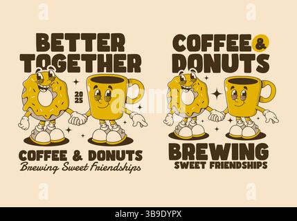 Colorata illustrazione a fumetti retrò con un'allegra ciambella e una tazza di caffè che si tengono per mano Illustrazione Vettoriale
