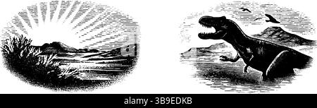 L'alba preistorica incisa e la scena dei dinosauri per il design e l'uso didattico. Illustrazione Vettoriale