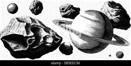 Illustrazione incisa di pianeti e asteroidi che orbitano attorno a saturno nel disegno spaziale. Illustrazione Vettoriale