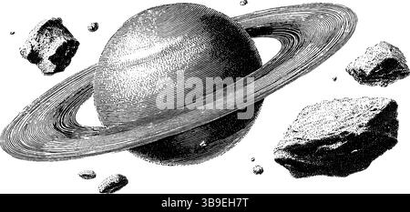 Illustrazione d'epoca incisa di anelli planetari e asteroidi per il design educativo. Illustrazione Vettoriale