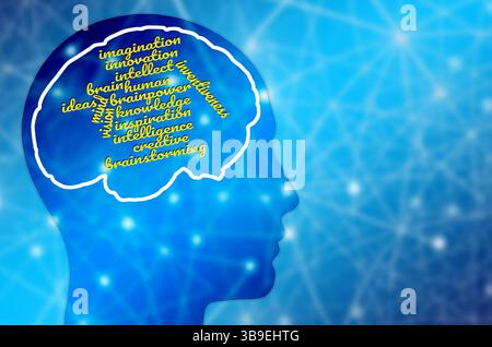 testa umana con contorno del cervello e parole al suo interno Foto Stock