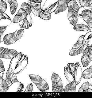Bordo del ramo del pistacchio con noci e foglie. Illustrazione in bianco e nero vettoriale disegnata a mano Illustrazione Vettoriale