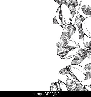 Bordo del ramo del pistacchio con noci e foglie. Illustrazione in bianco e nero vettoriale disegnata a mano Illustrazione Vettoriale