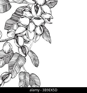 Bordo del ramo del pistacchio con noci e foglie. Illustrazione in bianco e nero vettoriale disegnata a mano Illustrazione Vettoriale