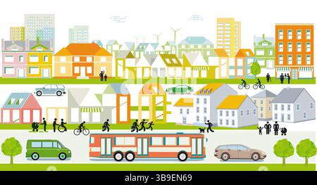 Case con auto in città, illustrazione panoramica Foto Stock