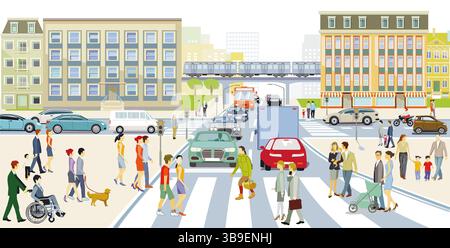 Auto sulla strada che attraversa la grande città con attraversamento pedonale, illustrazione Foto Stock