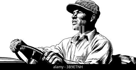 Illustrazione incisa di un agricoltore che guida un trattore d'epoca per un design e una stampa rustici. Illustrazione Vettoriale