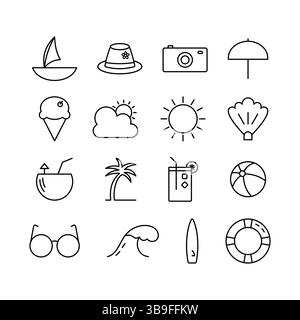 Set di icone estive con tratto modificabile, barca, cappello, fotocamera, albero di palma, limonata, tavola da surf, Ocean Wave, sole, occhiali da sole, e molto altro ancora in stile Line Art Illustrazione Vettoriale